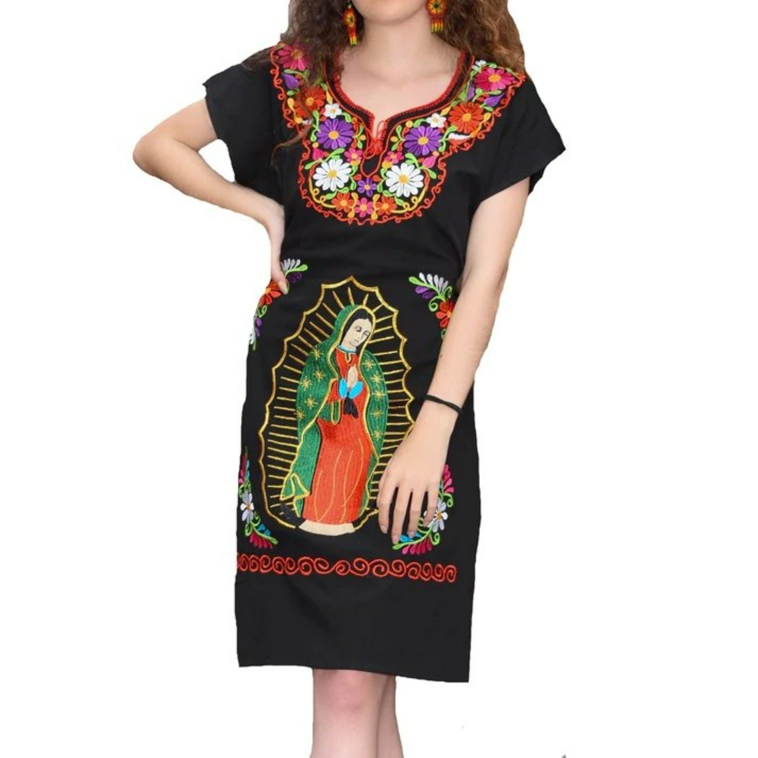 Womens Traditional Embroidered Manta Dress Our Lady Of Guadalupe Black Womens Traditional Embroidered Manta Dress Our Lady Of Guadalupe Black