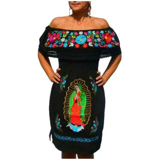 Vestido Artesanal Bordado de la Virgen Color Negro para Mujer IMP-77361 - ImporMexico