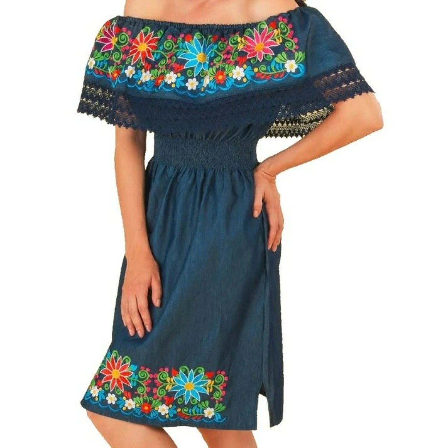 Fine Blue Embroidered Handmade Dress with Flowers for Women IMP-77304