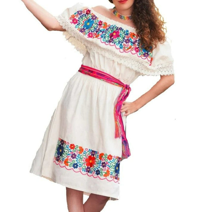 Vestido Artesanal Fino Bordado Color Blanco con Flores para Mujer IMP-77301 - ImporMexico