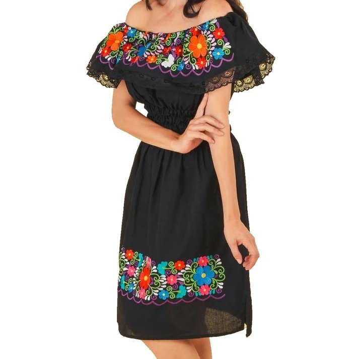 Vestido Artesanal Fino Negro con Flores para Mujer CaballoBronco.com