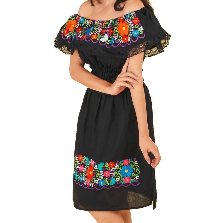 Womens Traditional Embroidered Manta Off Shoulder Dress Floral Black Womens Traditional Embroidered Manta Off Shoulder Dress Floral Black