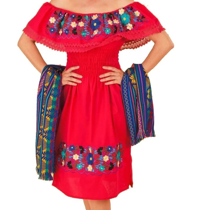 Womens Traditional Embroidered Manta Off Shoulder Dress Floral Red Womens Traditional Embroidered Manta Off Shoulder Dress Floral Red