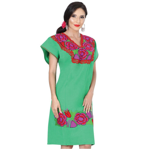 Vestido Artesanal Fino Bordado Zinacantan Color Verde para Mujer GEN-601289 - El General