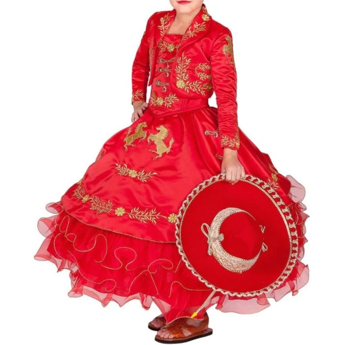Vestido de Charro Bordado para Niña Color Rojo con Oro imp-76221 - Impormexico